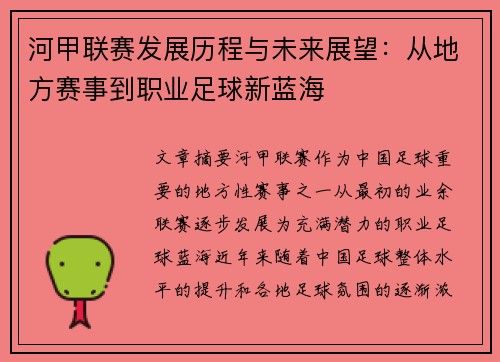 河甲联赛发展历程与未来展望：从地方赛事到职业足球新蓝海